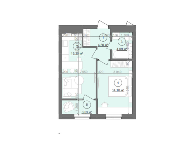 ЖК Well Home: планування 1-кімнатної квартири 41.52 м²