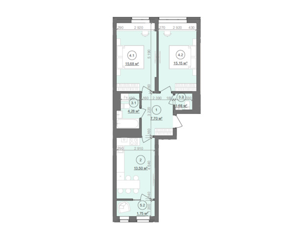 ЖК Well Home: планировка 2-комнатной квартиры 64.12 м²