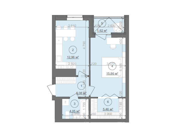 ЖК Well Home: планування 1-кімнатної квартири 45.03 м²