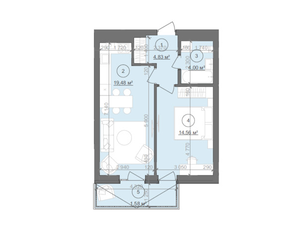 ЖК Well Home: планировка 1-комнатной квартиры 44.92 м²