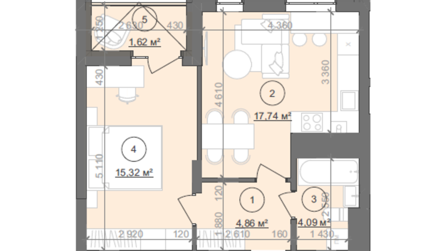 Планировка 1-комнатной квартиры в ЖК Well Home 43.63 м², фото 593830