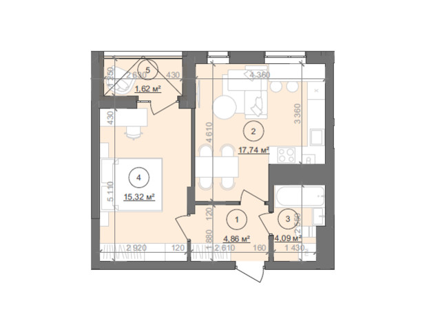 ЖК Well Home: планування 1-кімнатної квартири 43.63 м²