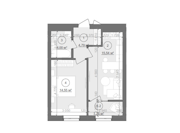 ЖК Well Home: планування 1-кімнатної квартири 42.83 м²