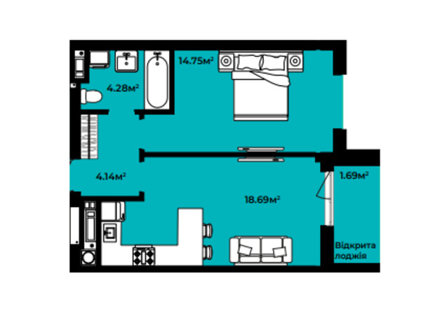 ЖК Continent style : планування 1-кімнатної квартири 43.55 м²