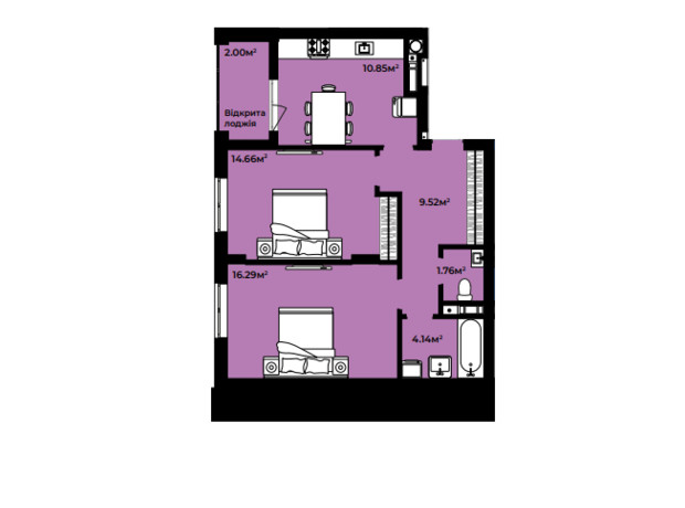 ЖК Continent style : планування 2-кімнатної квартири 59.22 м²