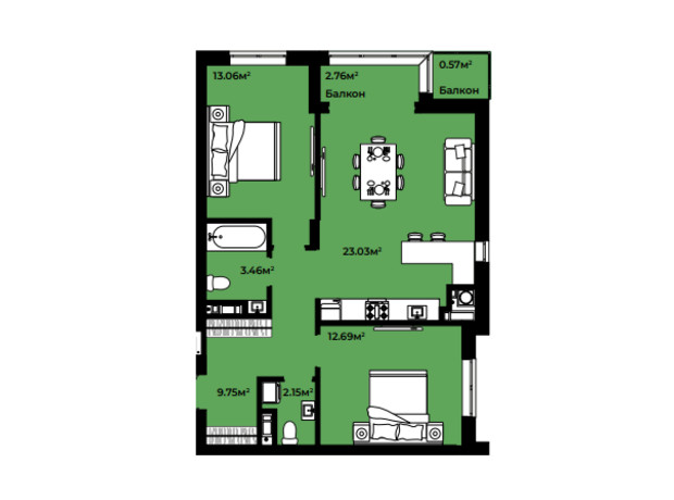 ЖК Continent style : планування 2-кімнатної квартири 67.47 м²