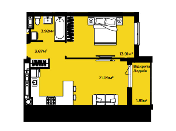 ЖК Continent style : планировка 1-комнатной квартиры 44.41 м²