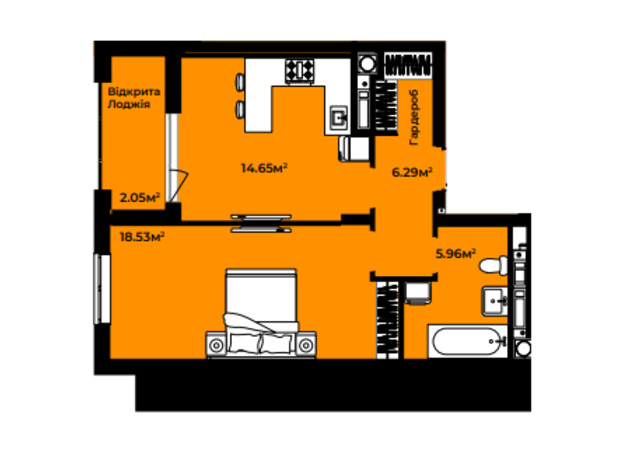 ЖК Continent style : планировка 1-комнатной квартиры 47.49 м²