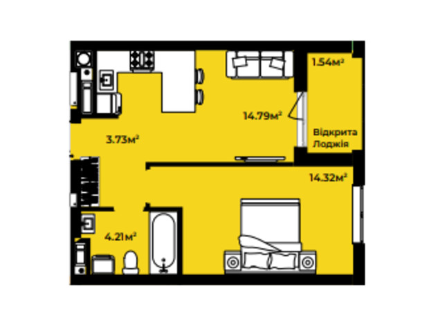 ЖК Continent style : планування 1-кімнатної квартири 38.59 м²