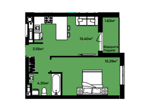 ЖК Continent style : планировка 1-комнатной квартиры 40.17 м²