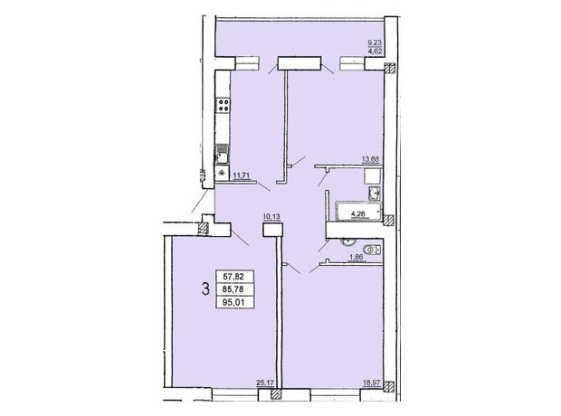 ЖК на Ефимова: планировка 3-комнатной квартиры 95.01 м²