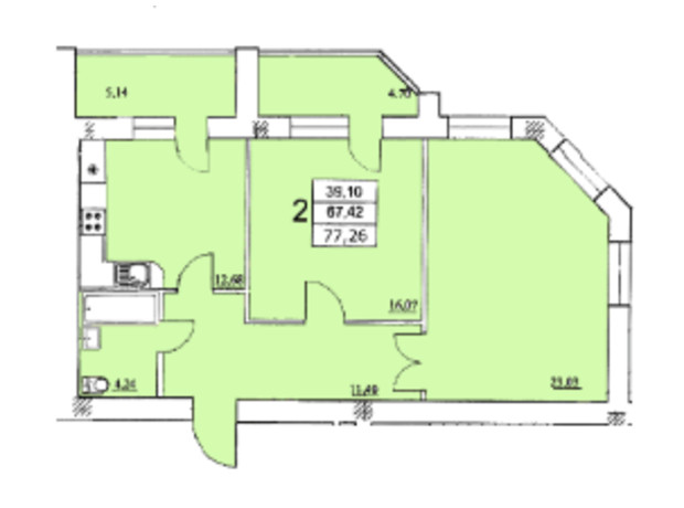 ЖК на Єфимова: планування 2-кімнатної квартири 77.26 м²