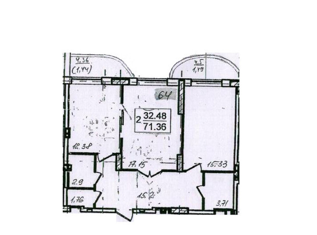 ЖК Нові Черемушки: планування 2-кімнатної квартири 71.36 м²