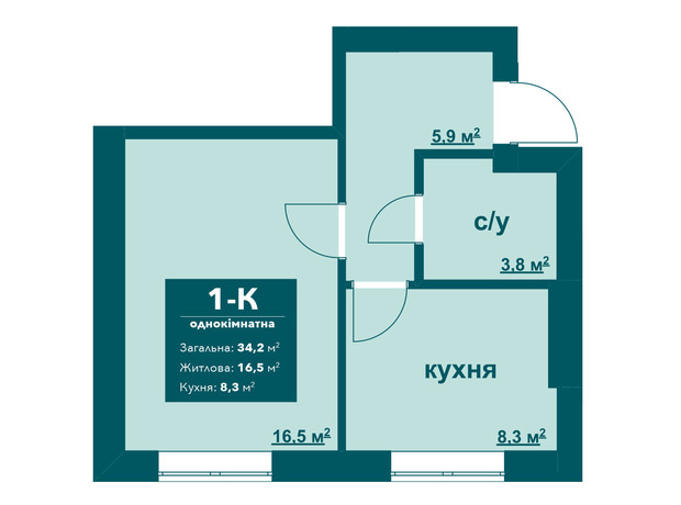 ЖК Ибис: планировка 1-комнатной квартиры 34.5 м²