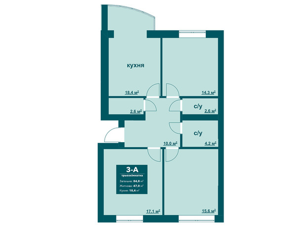 ЖК Ібіс: планування 3-кімнатної квартири 84.8 м²