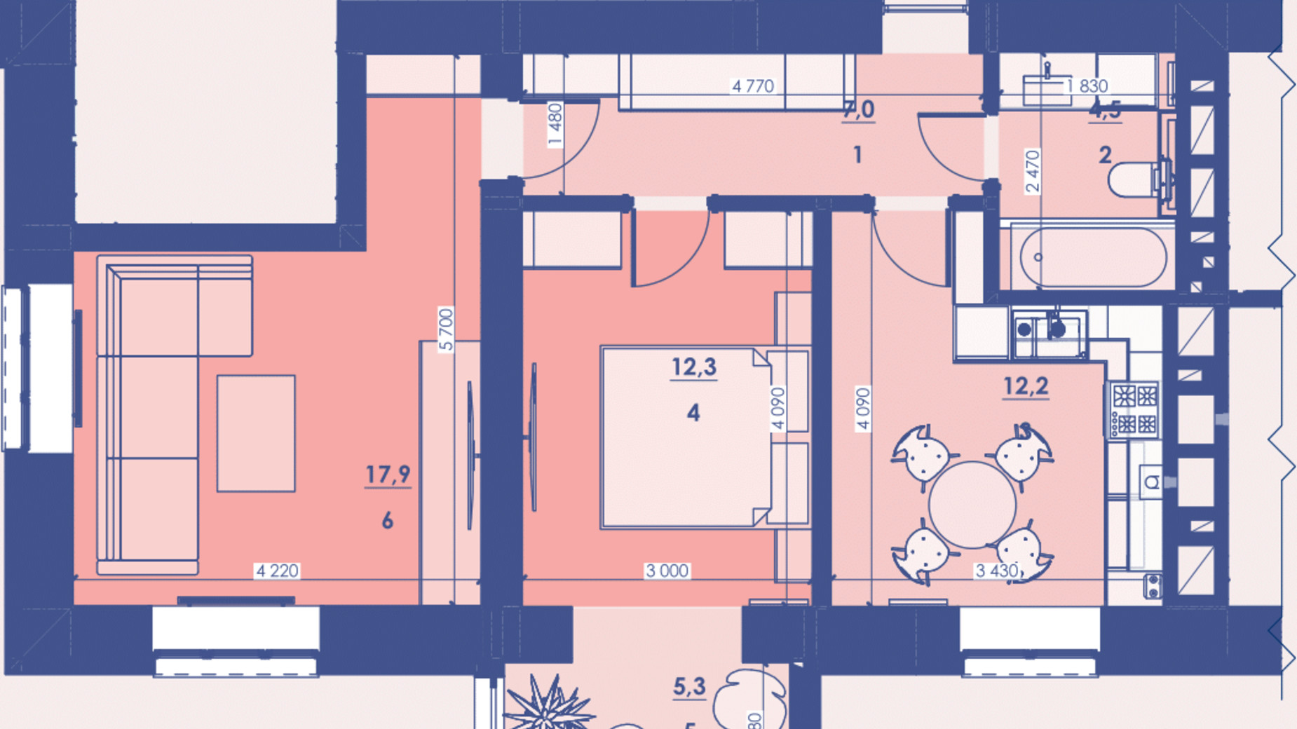 Планування 1-кімнатної квартири в ЖК Great House 59.5 м², фото 594078