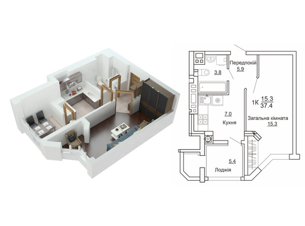 ЖК Святопетровский: планировка 1-комнатной квартиры 36 м²