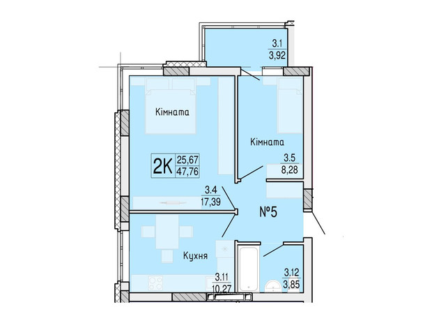 ЖК Акварель 4: планування 1-кімнатної квартири 48.6 м²