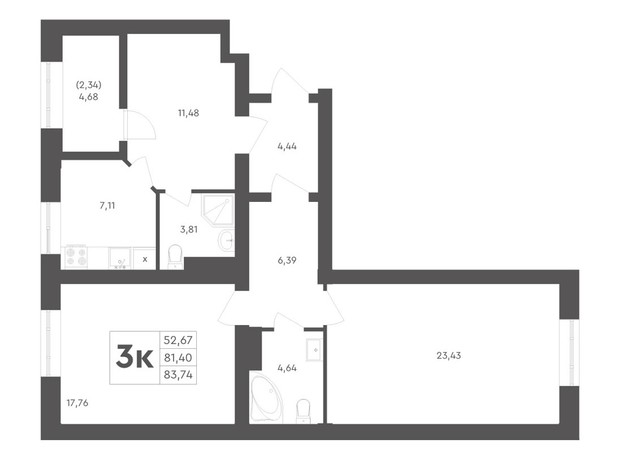 ЖК Scandia: планировка 3-комнатной квартиры 83.74 м²