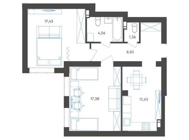 ЖК Scandia: планування 2-кімнатної квартири 62.2 м²