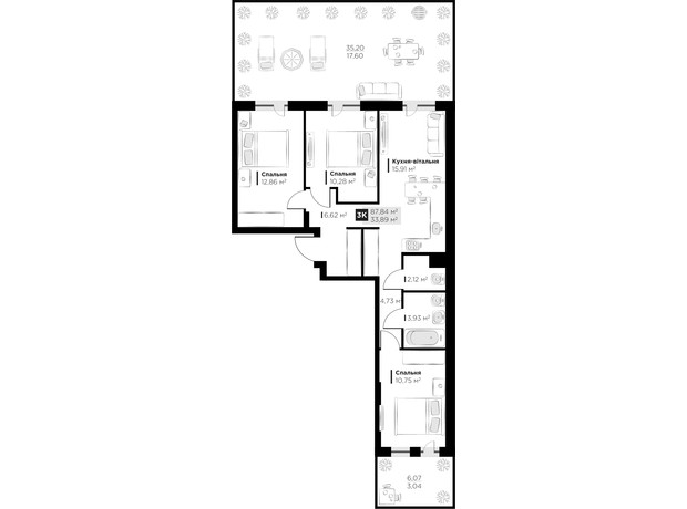 ЖК PERFECT LIFE: планировка 3-комнатной квартиры 87.84 м²