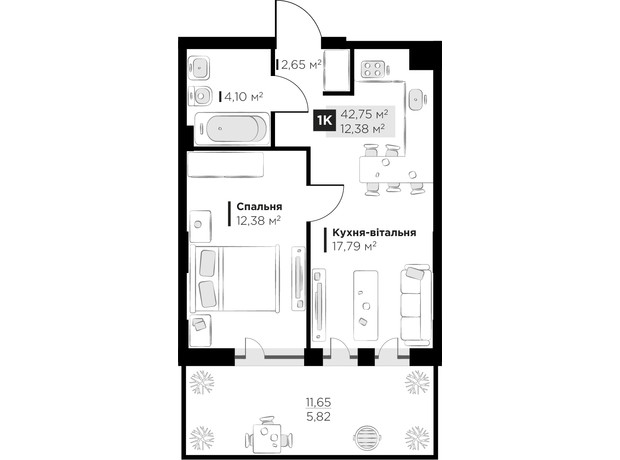 ЖК PERFECT LIFE: планировка 1-комнатной квартиры 42.75 м²