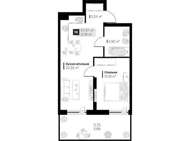 ЖК PERFECT LIFE: планировка 1-комнатной квартиры 47.57 м²