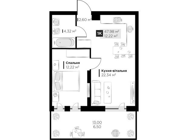 ЖК PERFECT LIFE: планировка 1-комнатной квартиры 47.98 м²