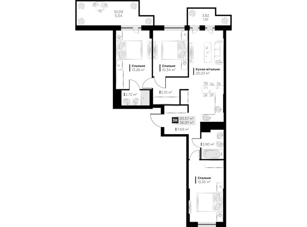 ЖК PERFECT LIFE: планировка 3-комнатной квартиры 83.57 м²