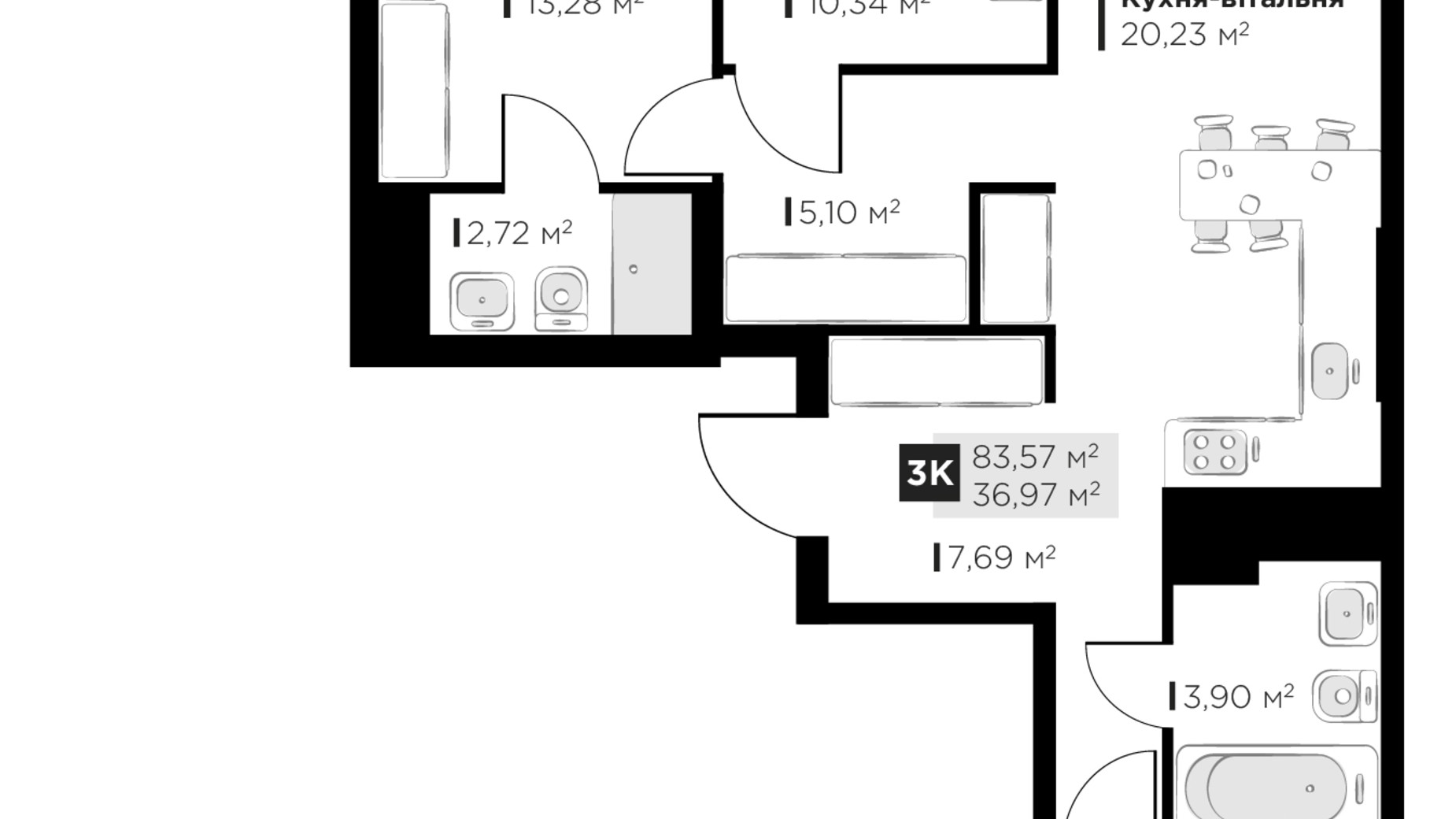 Планування 3-кімнатної квартири в ЖК PERFECT LIFE 83.57 м², фото 594507
