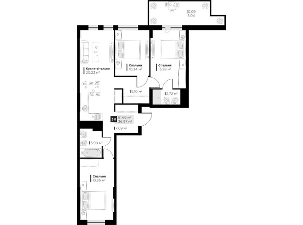 ЖК PERFECT LIFE: планировка 3-комнатной квартиры 81.66 м²