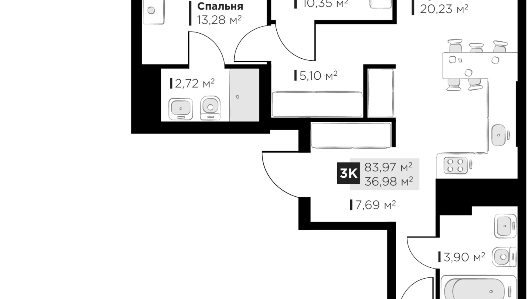 Планировка 3-комнатной квартиры в ЖК PERFECT LIFE 83.97 м², фото 594514