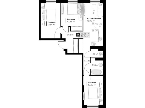 ЖК PERFECT LIFE: планування 3-кімнатної квартири 66.63 м²