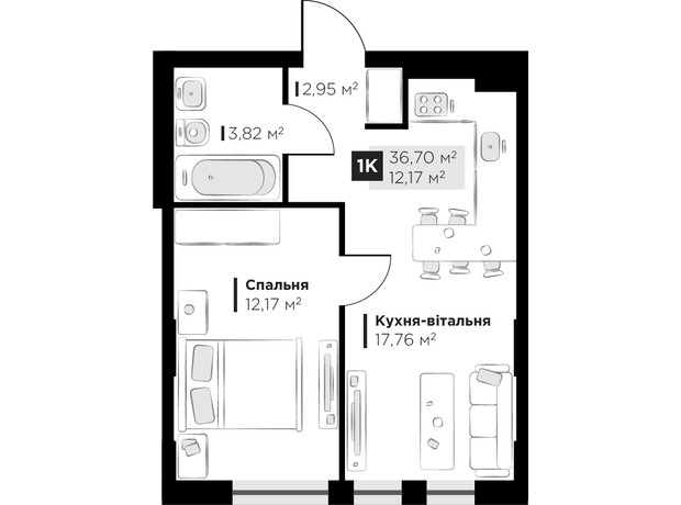 ЖК PERFECT LIFE: планировка 1-комнатной квартиры 36.7 м²