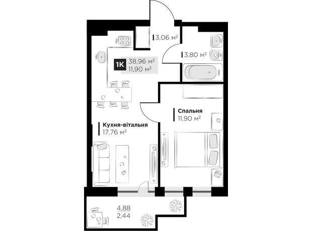 ЖК PERFECT LIFE: планировка 1-комнатной квартиры 38.96 м²