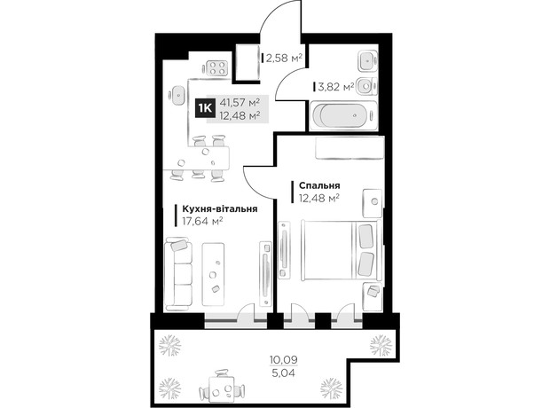 ЖК PERFECT LIFE: планировка 1-комнатной квартиры 41.57 м²