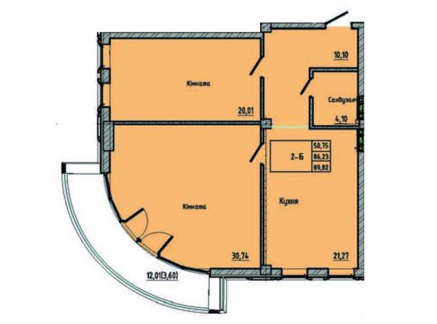 ЖК Лидерсовский: планировка 2-комнатной квартиры 89.82 м²