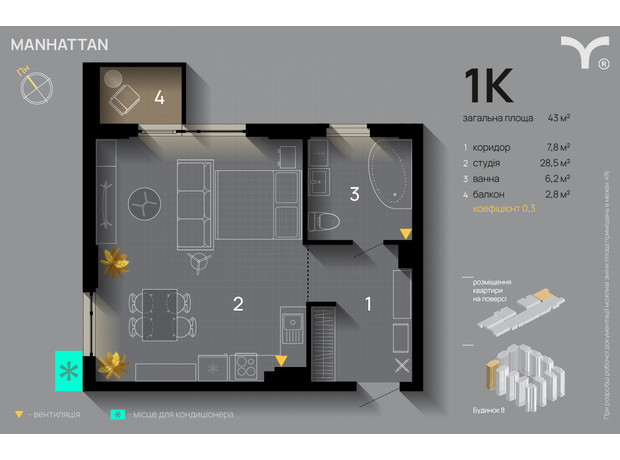 ЖК Manhattan: планування 1-кімнатної квартири 43 м²
