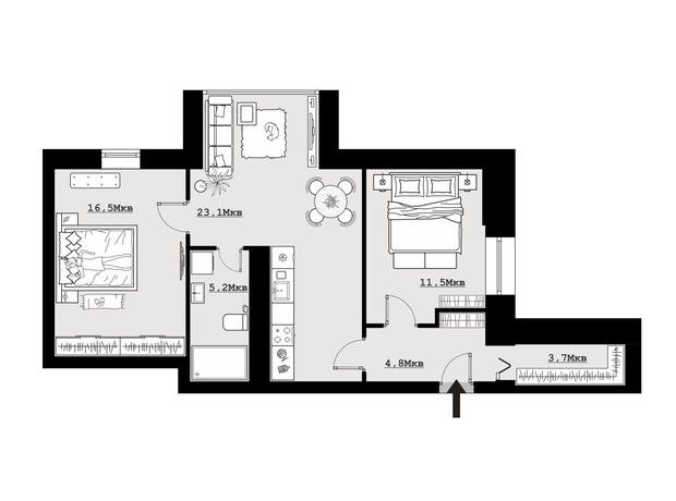 ЖК Comfort House: планировка 2-комнатной квартиры 64.8 м²