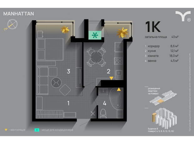 ЖК Manhattan: планировка 1-комнатной квартиры 43 м²