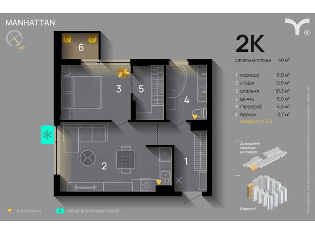 ЖК Manhattan: планування 2-кімнатної квартири 48 м²