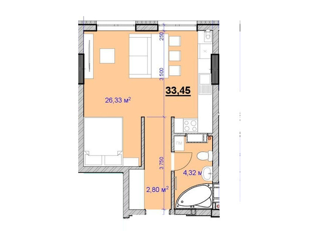 ЖК Grand Hall: планировка 1-комнатной квартиры 33 м²