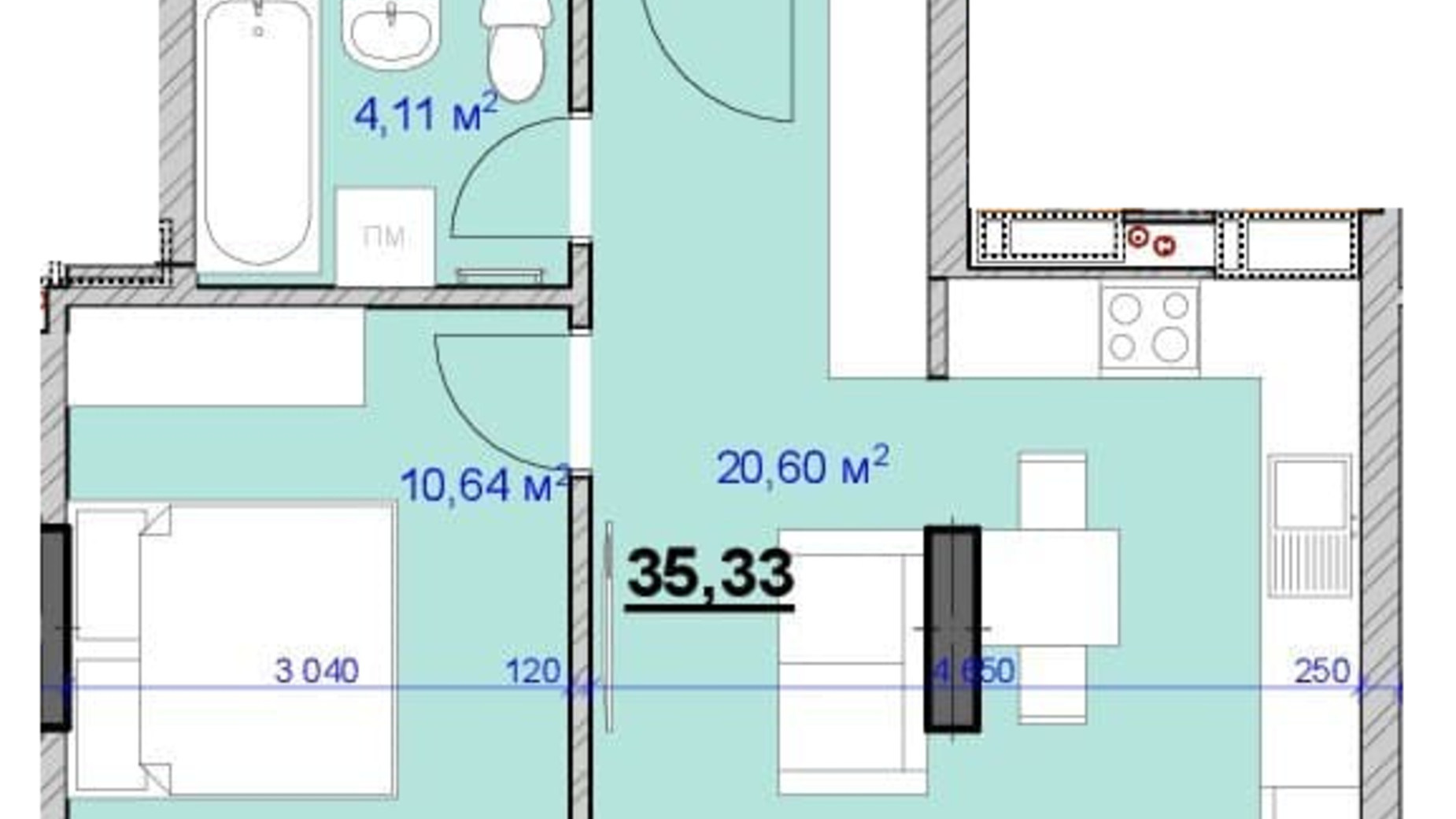 Планування 1-кімнатної квартири в ЖК Grand Hall 35 м², фото 594907