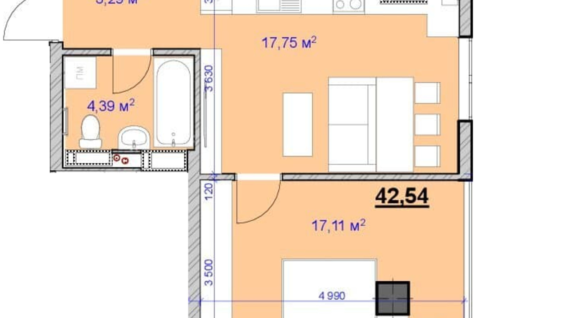 Планування 1-кімнатної квартири в ЖК Grand Hall 42 м², фото 594909