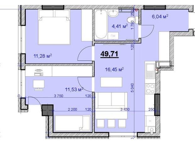 ЖК Grand Hall: планування 2-кімнатної квартири 49 м²