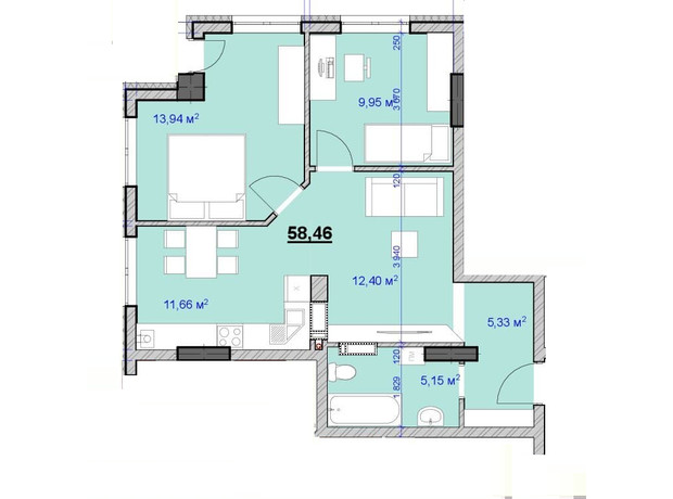 ЖК Grand Hall: планировка 2-комнатной квартиры 58 м²