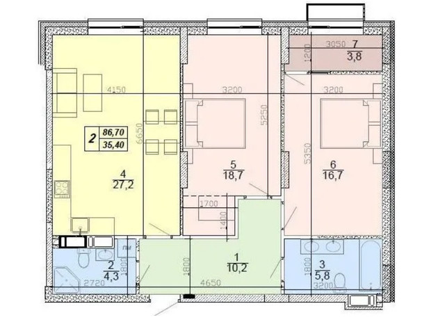 ЖК Podol Plaza & Residence: планировка 2-комнатной квартиры 86.7 м²