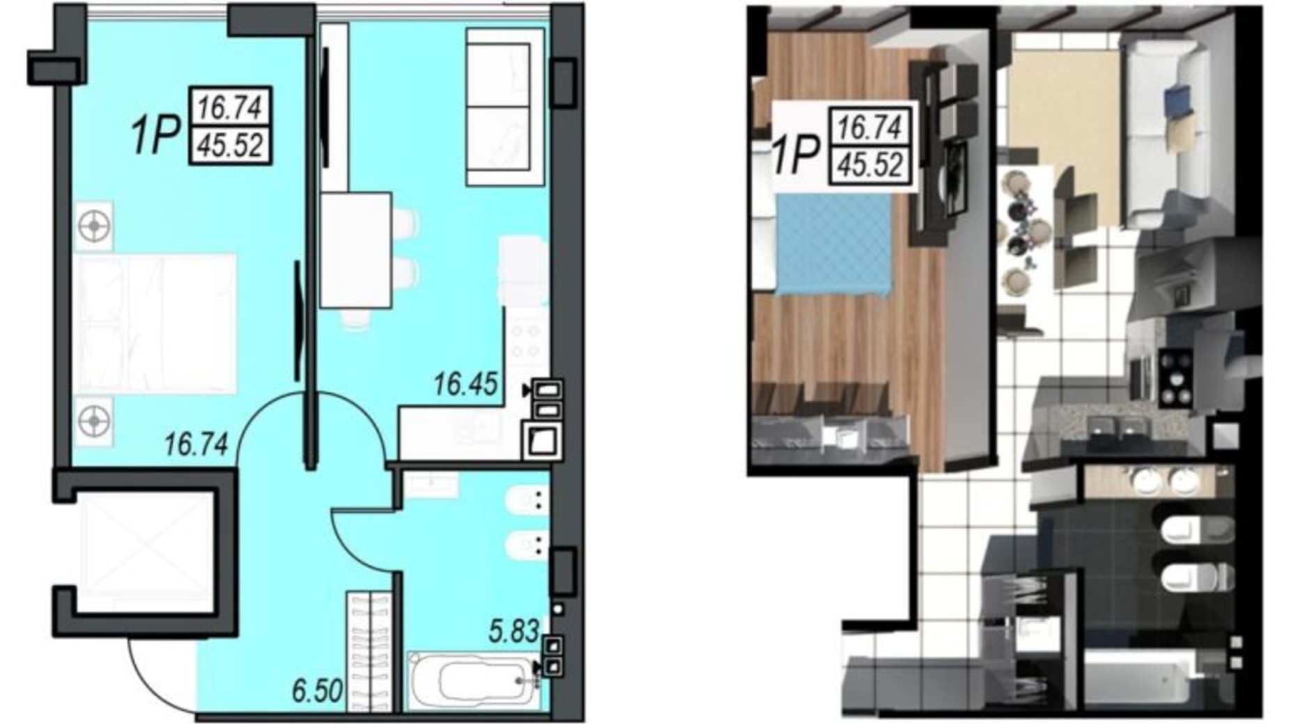 Планировка 1-комнатной квартиры в ЖК Sunrise City 45.52 м², фото 595178