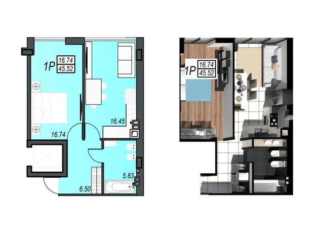 ЖК Sunrise City: планировка 1-комнатной квартиры 45.52 м²