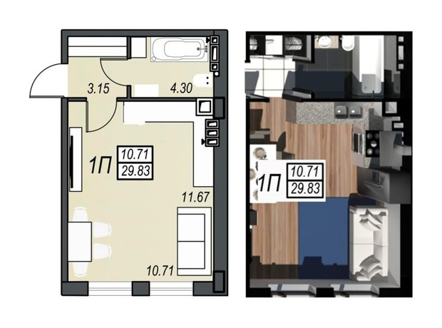 ЖК Sunrise City: планування 1-кімнатної квартири 29.83 м²